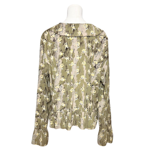 FLAX Brand Green Watercolor Floral Collared Bell Sleeve Peplum Boho Top Large - Picture 6 of 9